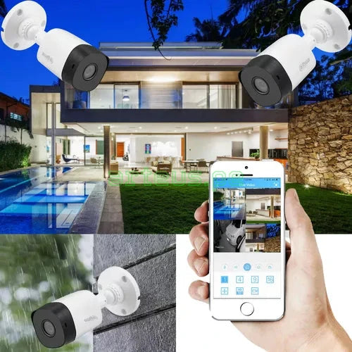 Cámaras de seguridad para exterior vigilando casa moderna, monitoreo desde smartphone