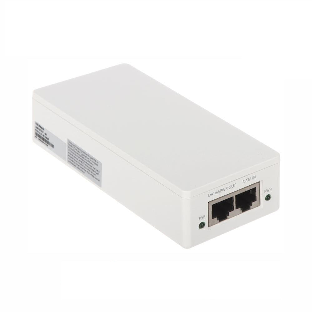 Inyector PoE blanco con dos puertos Ethernet, ideal para redes y cableado estructurado
