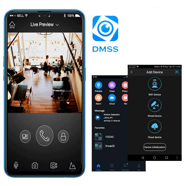 Vista previa de cámara de seguridad DMSS en smartphone, monitoreo remoto de café, opciones de conexión WiFi y cableada.