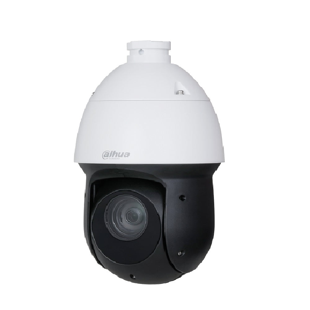 Cámara de seguridad domo PTZ Dahua blanca y negra para videovigilancia en redes