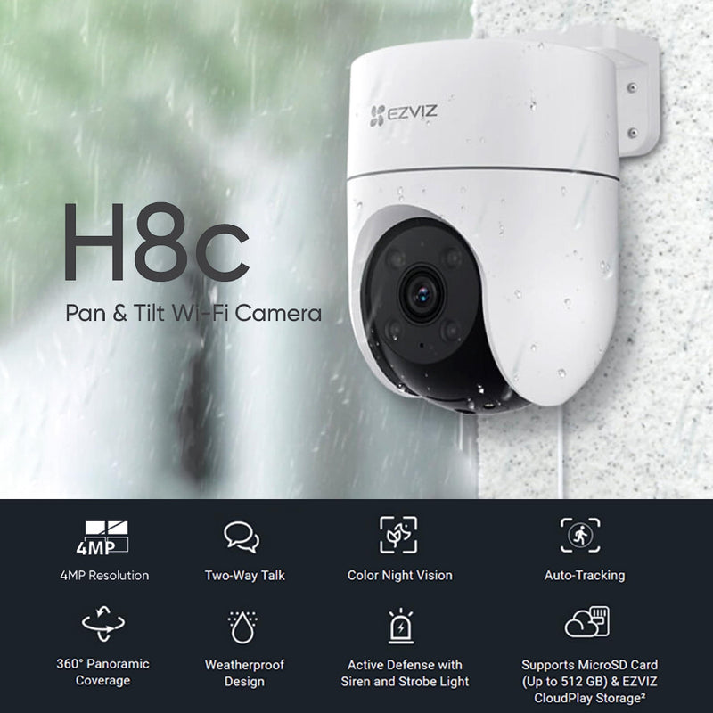 EZVIZ H8C-2K, Cámara de Vigilancia WIFI 4MP Domo IP IA 360° 2K 4MP. Micrófono y Parlante. Alerta con Luz y Sirena. Vision nocturna 30m. CS-H8C-R100-1J4WKFL - ARTEUS