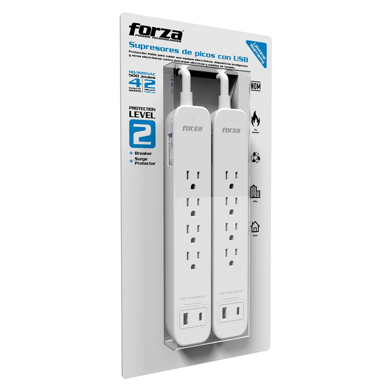 FORZA FSP-451USBCW, Regleta Supresor de pico 1625w 500J 4 tomas 1USB 1USB-C Level 2