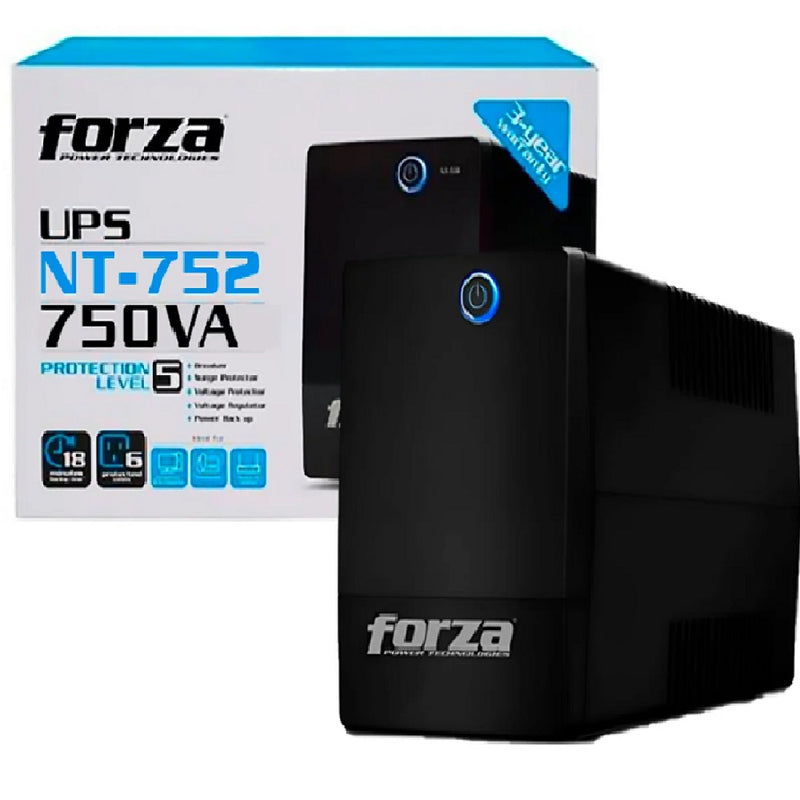 FORZA NT-752U, UPS Respaldo de energía Línea Interactiva 750VA 375W 6 tomas Autonomía 25"