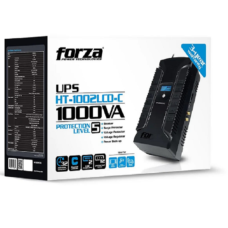 FORZA HT-1002LCD, UPS Línea Interactiva 1000va 600w 2USB/coaxial 10 tomas Level 5