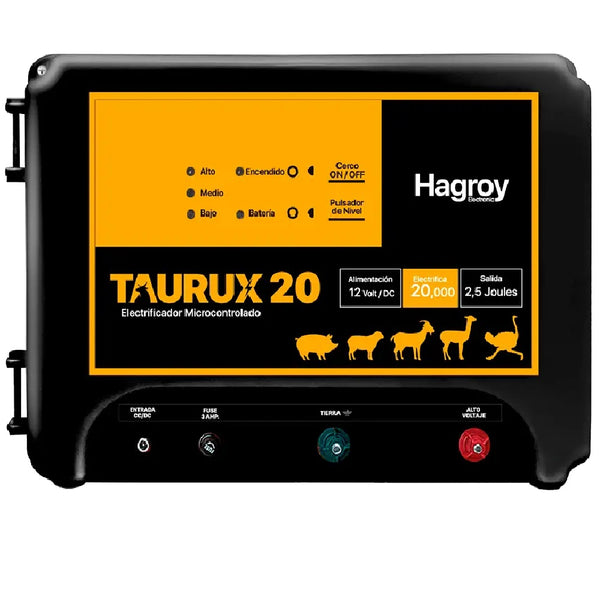 HAGROY KIT-TAURUX-20K, Kit Ganadero: Electrificador, Controlador con gabinete, Panel solar, Batería 7amp, Fuente y soportes