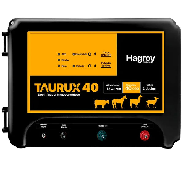 HAGROY KIT-TAURUX-40K, Kit Ganadero: Electrificador, Controlador con gabinete, Panel solar, Batería 7amp, Fuente y soportes