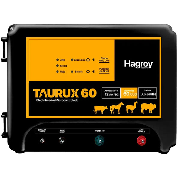 HAGROY KIT-TAURUX-60K, Kit Ganadero: Electrificador, controlador con gabinete, panel solar, batería 7amp, fuente y soportes
