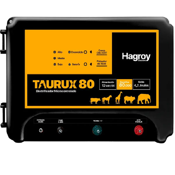 HAGROY KIT-TAURUX-80K, Kit Ganadero: Electrificador, controlador con gabinete, Panel solar, soportes y Fuente