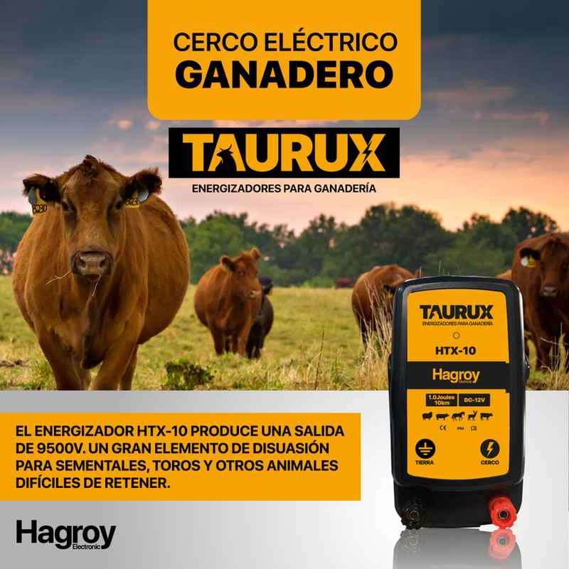 HAGROY KIT-TAURUX-10K, Kit Ganadero: Electrificador, Batería, fuente, panel solar, soporte de panel y control