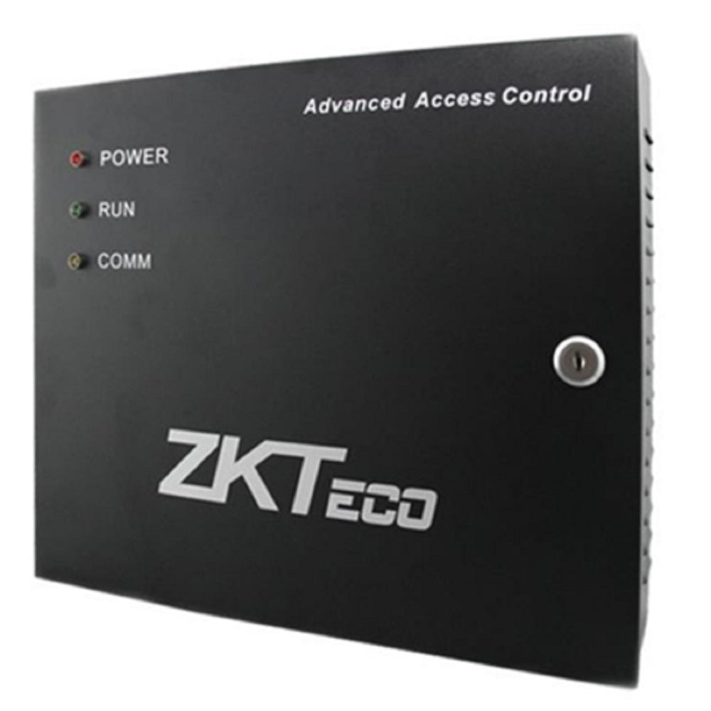 Controlador de acceso electrónico ZKTeco negro con indicadores LED, seguridad y control