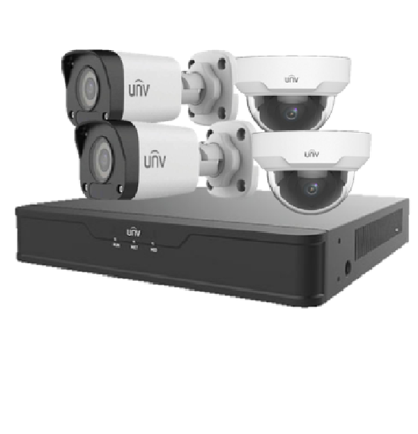 UNIVIEW KITUNV02, Kit Cámaras de Seguridad IP POE Full HD 2MP: NVR 4CH, 2 cámaras Exterior, 2 cámaras Interior