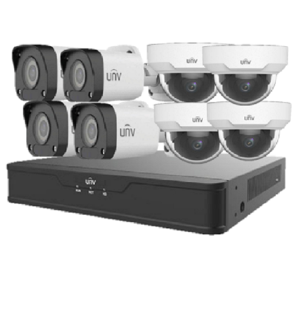 UNIVIEW KITUNV03, Kit Cámaras de Seguridad IP POE Full HD 2MP: NVR 4CH, 4 cámaras Exterior, 4 cámaras Interior