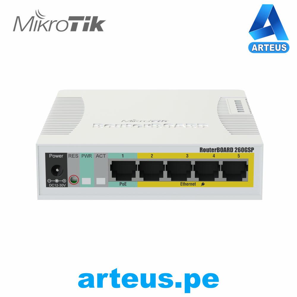 Switch MikroTik RB260GSP de 5 puertos Gigabit Ethernet y PoE pasivo, frontal, color blanco.