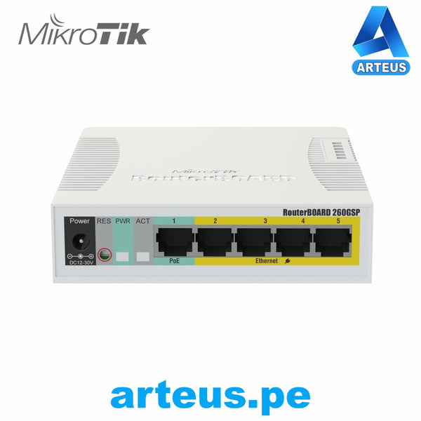 MIKROTIK RB260GSP - Switch Mikrotik 5 puertos PoE (Pasivo) (1in/4out) Gigabit Ethernet y 1 SFP - ARTEUS