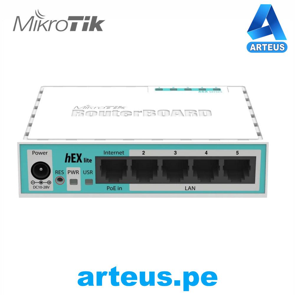 Router MikroTik RB750r2 hEX lite con 4 puertos LAN RJ-45 y 1 puerto WAN, vista frontal.