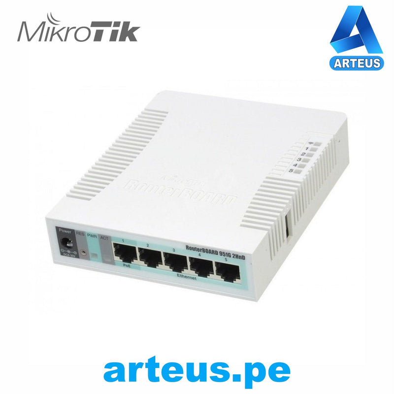 MIKROTIK RB951G-2HnD - ROUTERBOARD, 5 PUERTOS GIGABIT ETHERNET, 1 PUERTO USB, WIFI 2.4 GHZ 802.11B/G/N, ANTENA DE 2.5 DBI HASTA 1W DE POTENCIA - ARTEUS