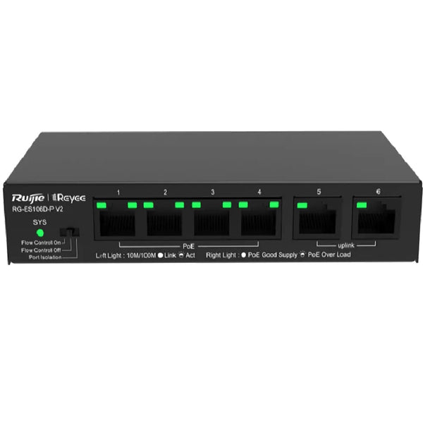 RUIJIE RG-ES106D-P V2 Switch 4 puertos POE+ 54w y 2 Uplink 10/100 no administrable