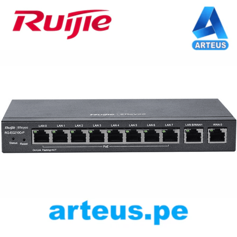 Router Balanceador Cloud de 10 puertos gigabit: 8 puertos PoE + 2 puertos WAN. Soporta 4x WAN configurables RUIJIE RG-EG210G-P. Hasta 200 clientes con desempeño de 1Gbps - ARTEUS