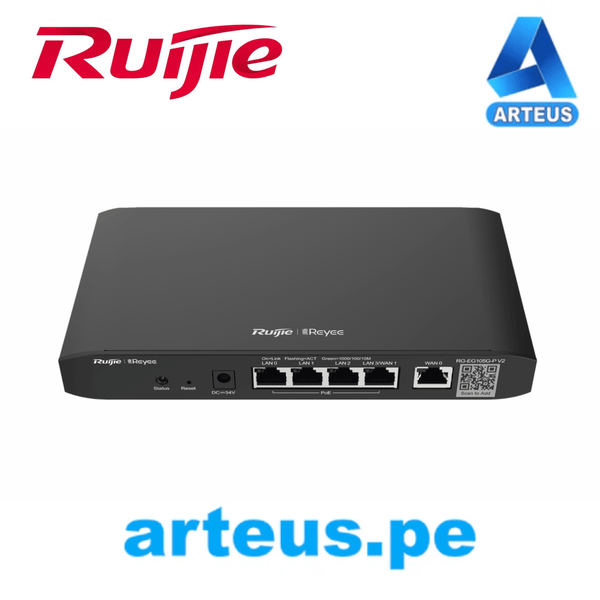 Router de 5 puertos Gigabit: 4 puertos POE 54w + 1 puerto WAN RUIJIE RG-EG105G-P V2. Hasta 100 clientes con desempeño de 600Mbps. Cloud Administrable - ARTEUS