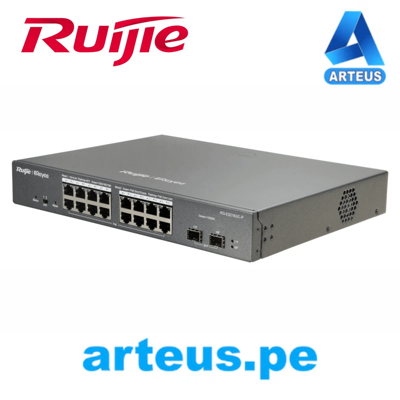 Switch de 16 puertos POE Gigabit + 2 puertos de fibra SFP 1Gb RUIJIE RG-ES218GC-P. Conmutador Cloud Administrable. Capa 2. Maximo 240w - ARTEUS