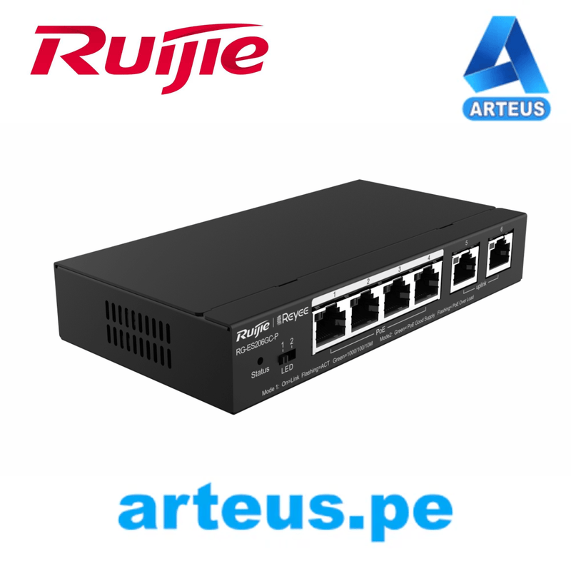 Switch de 4 puertos POE Gigabit + 2 Uplink Rj45 RUIJIE RG-ES206GC-P. Conmutador Cloud Administrable - ARTEUS