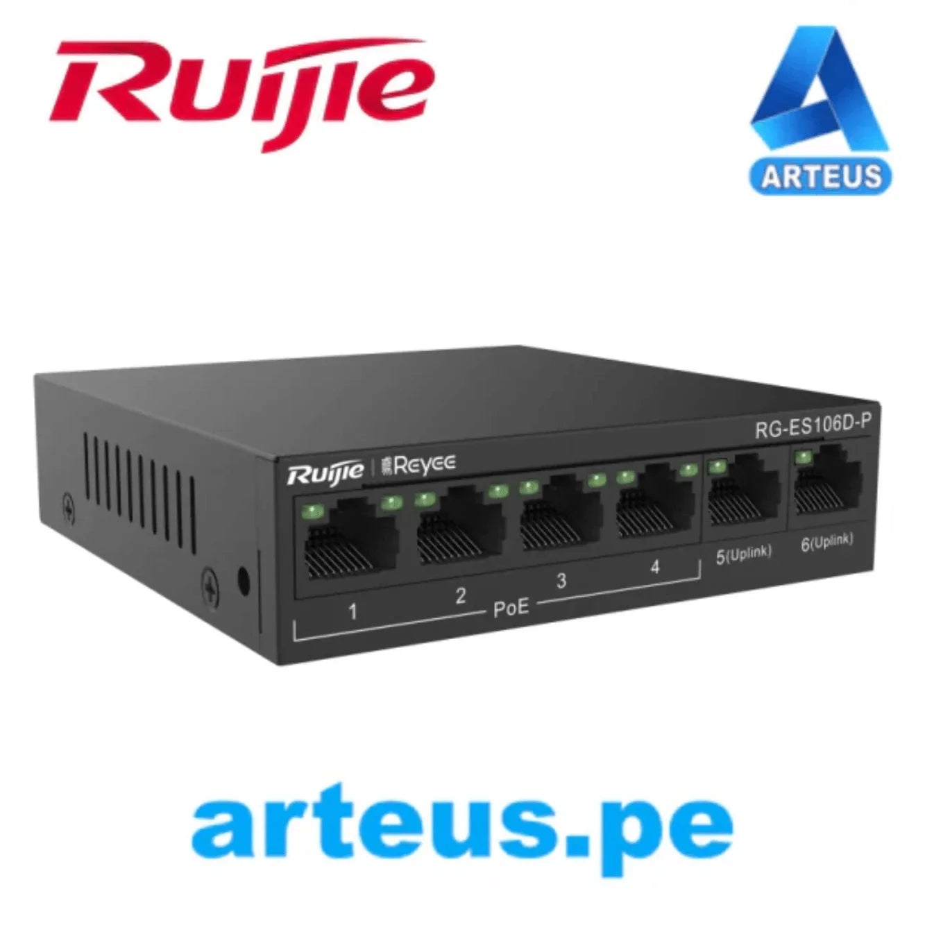 Switch de 6 puertos 10/100. Con 4 Puertos PoE+ y 2 Puertos Uplink ...