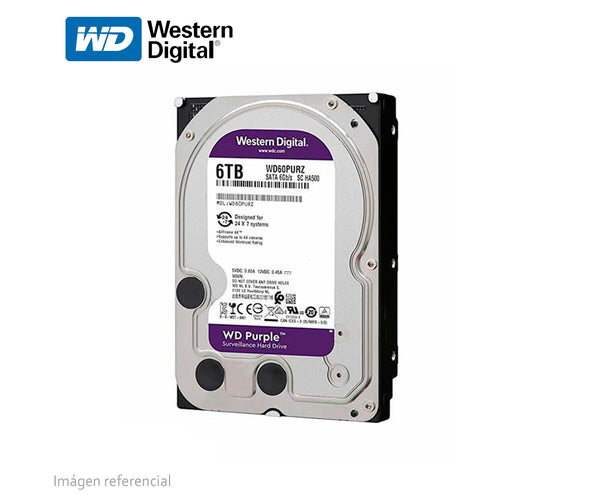 WESTERN DIGITAL WD60PURZ, Disco Duro Púrpura WD 6TB 3.5" 5400RPM. Almacenador de datos para equipos de videovigilancia. Industrial 24x7