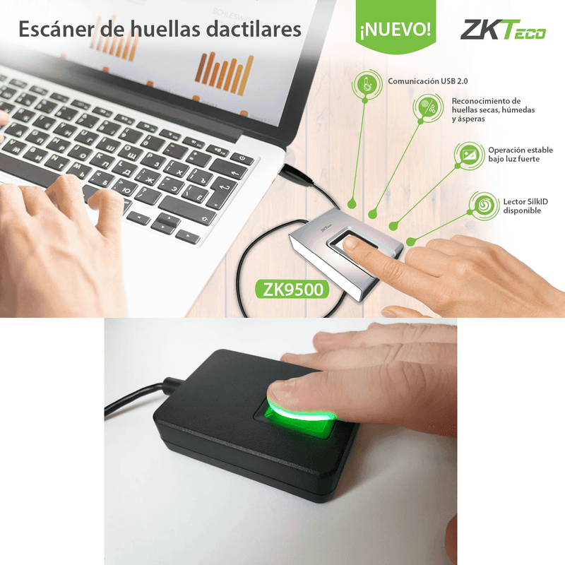 ZKTECO ZK9500, Lector enrolador de huellas digitales escáner de huellas digitales por USB - ARTEUS