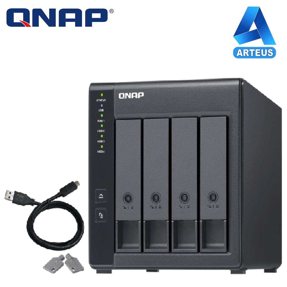 Servidor NAS QNAP de 4 bahías con cable USB y llaves, almacenamiento en red