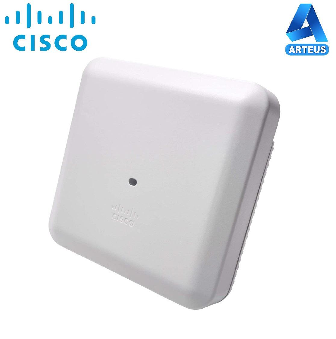 Punto de acceso inalámbrico Cisco blanco, cuadrado, tecnología 802.11ac, visto de lado.