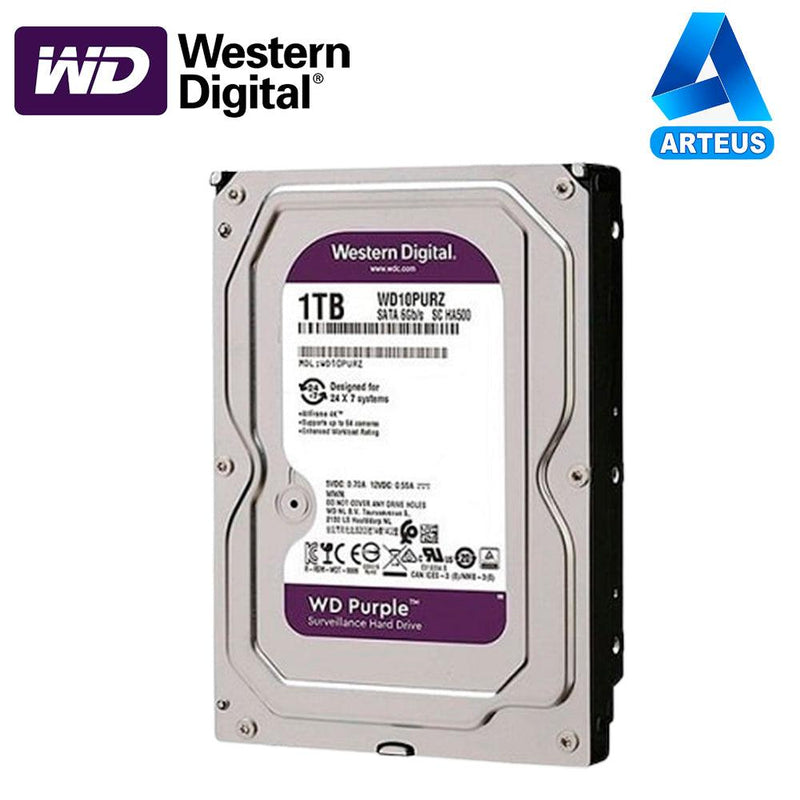 Disco duro Purpura 1TB WESTERN DIGITAL WD10PURZ almacenador de datos 3.5" 5400RPM 64MB. Para equipos de video vigilancia (industrial 24/7) - ARTEUS