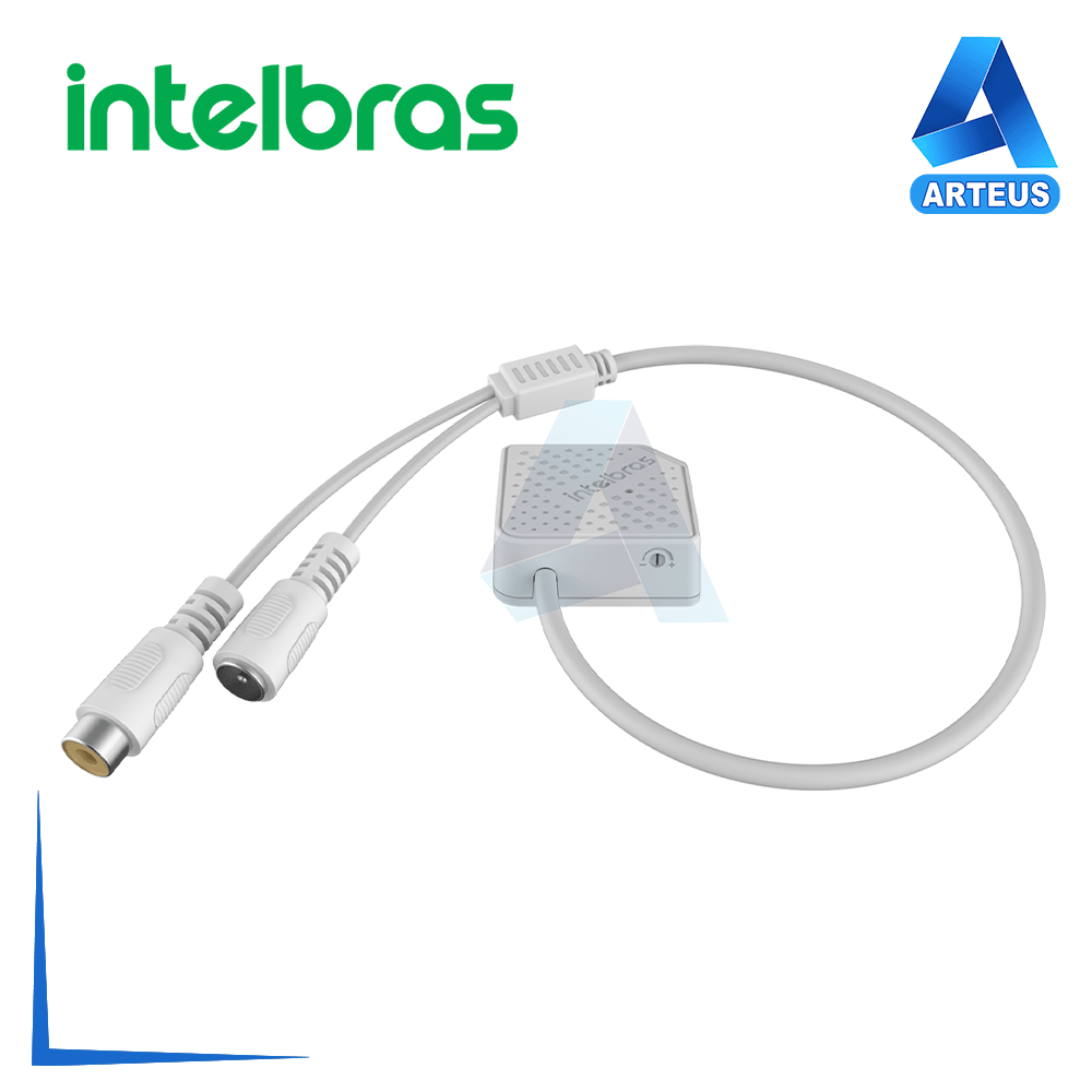 Micrófono de alta fidelidad para cámaras de seguridad con cables y conectores, color blanco.