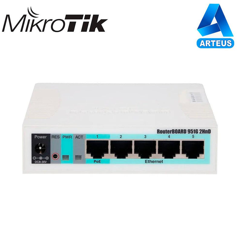 MIKROTIK RB951G-2HnD - ROUTERBOARD, 5 PUERTOS GIGABIT ETHERNET, 1 PUERTO USB, WIFI 2.4 GHZ 802.11B/G/N, ANTENA DE 2.5 DBI HASTA 1W DE POTENCIA - ARTEUS