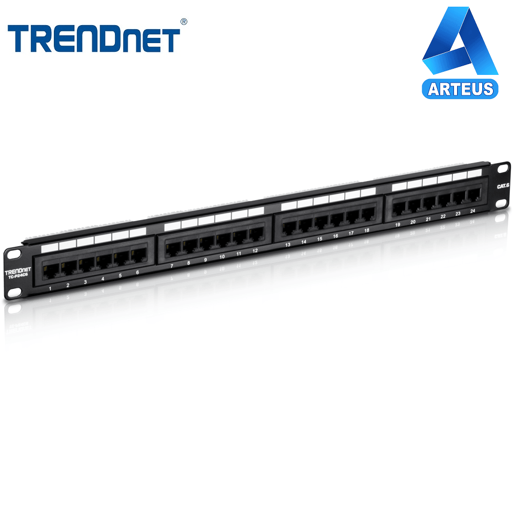 Patch panel 24 puertos categoría 6A sin blindaje para redes, color negro, frontal numerado.