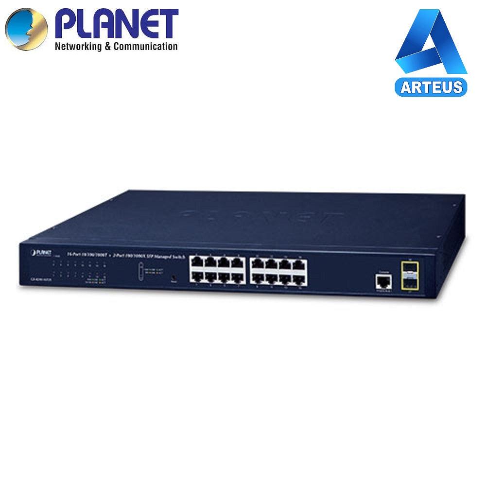 Switch administrable rackeable de 16 puertos Gigabit Ethernet y 2 puertos SFP en fondo blanco