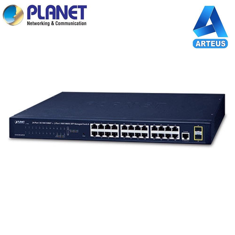 Switch administrable de red rackeable de 24 puertos ethernet y 2 puertos SFP, color negro.