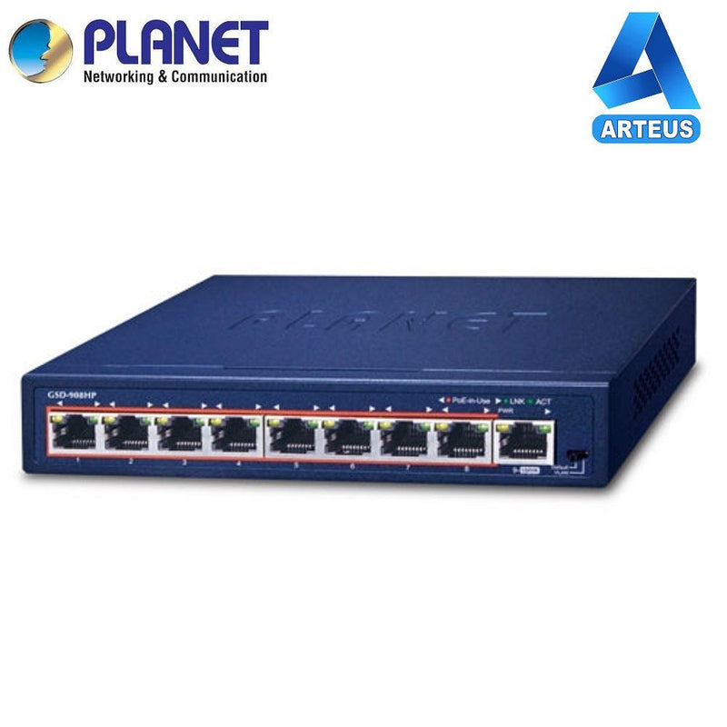 PLANET GSD-908HP - "Switch Planet de escritorio de 8 puertos 10/100 / 1000T 802.3at PoE + 1 puerto Gigabit (Carcasa de Metal)" - ARTEUS