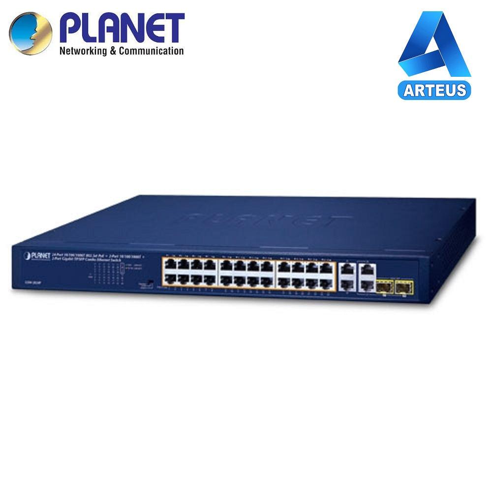 Switch Ethernet de 24 puertos Gigabit con PoE, dos puertos SFP, color azul, para redes empresariales.