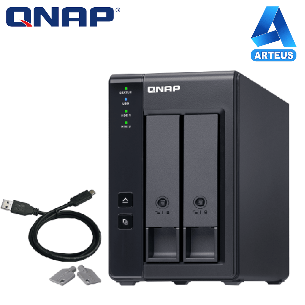 Gabinete QNAP externo para discos duros de 2 bahías, USB-C, incluye cable y llaves de seguridad