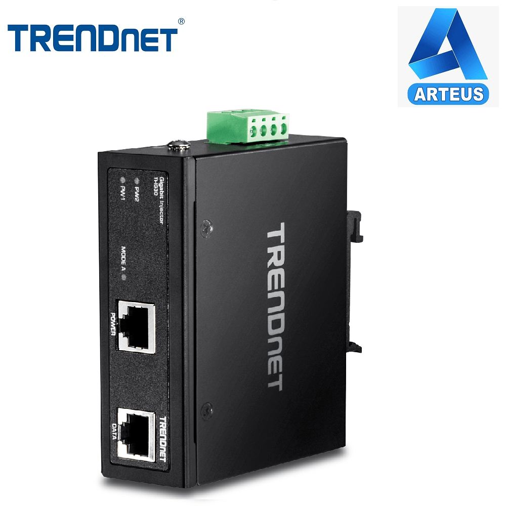 Inyector industrial reforzado Gigabit PoE de red con carcasa negra y puertos Ethernet