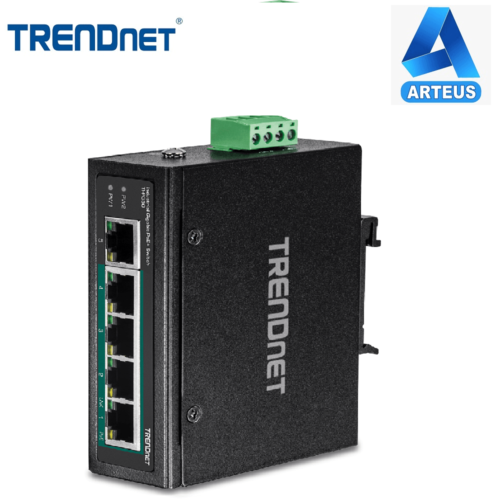 Switch industrial TRENDnet con 5 puertos Gigabit PoE, montaje en riel DIN, color negro.