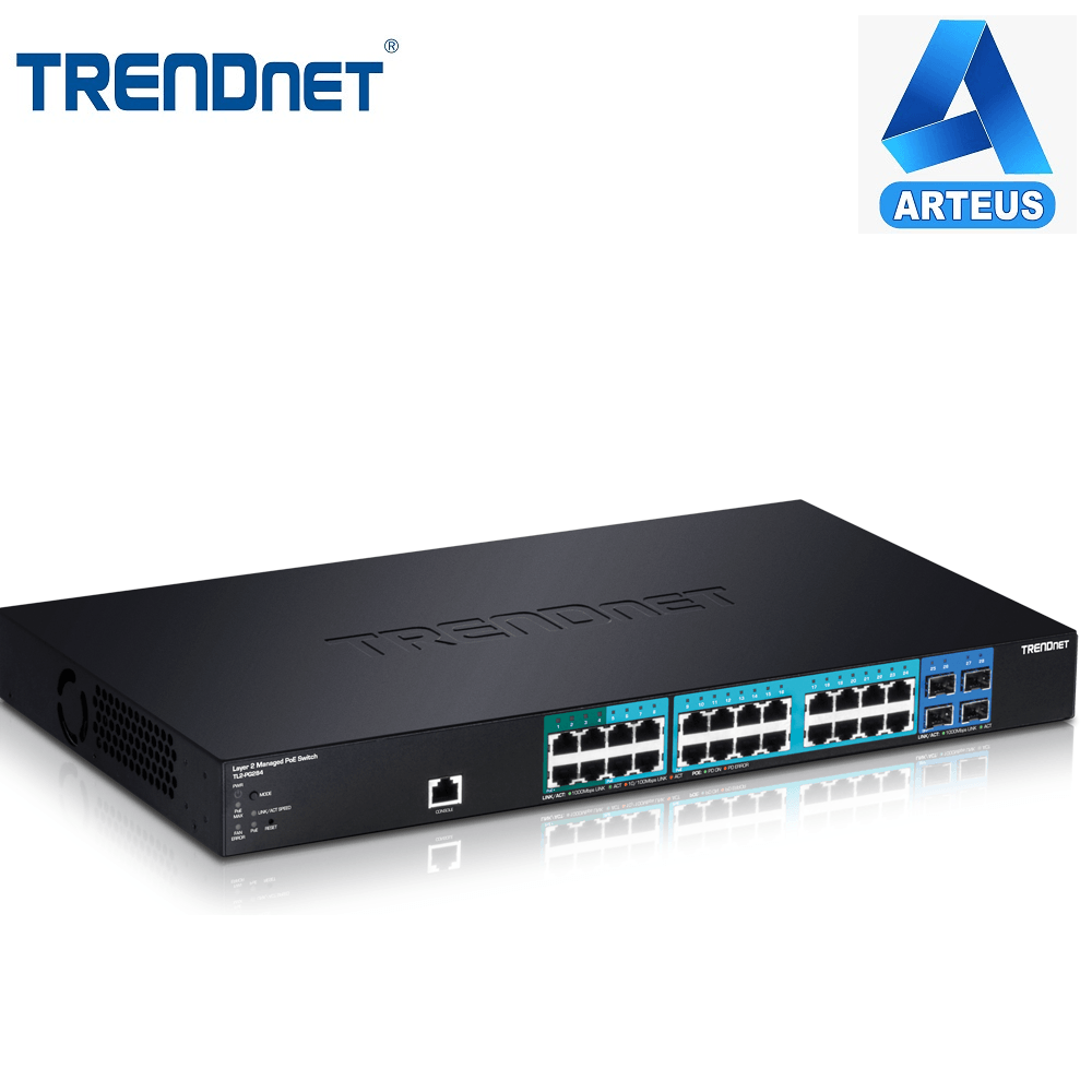 Switch administrado Gigabit PoE de 28 puertos, equipo de redes, vista frontal, TRENDnet.