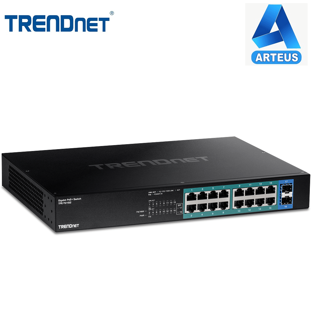 Switch de red TRENDnet de 16 puertos Gigabit PoE y 2 puertos SFP, equipo para redes LAN.