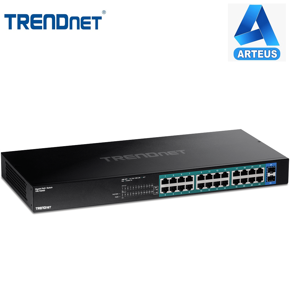 Switch TRENDnet de 24 puertos gigabit PoE y 2 puertos SFP, ideal para redes empresariales