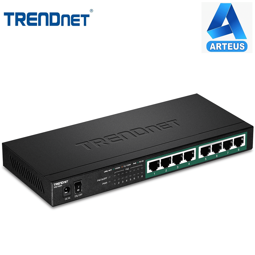 Switch de red Trendnet de 8 puertos Gigabit PoE negro, vista en ángulo