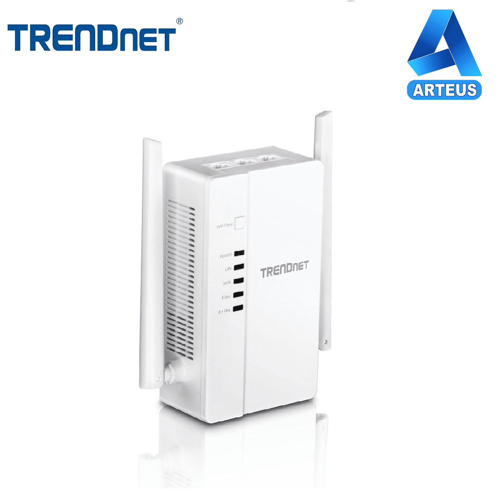 Adaptador powerline WiFi AC1200 blanco TRENDnet con antenas y luces LED.