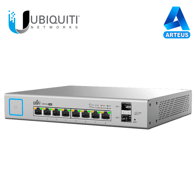 UBIQUITI US-8-150W, Switch unifi administrable de 8 puertos gigabit poe+ 802.3at/af y poe pasivo 24v. - ARTEUS