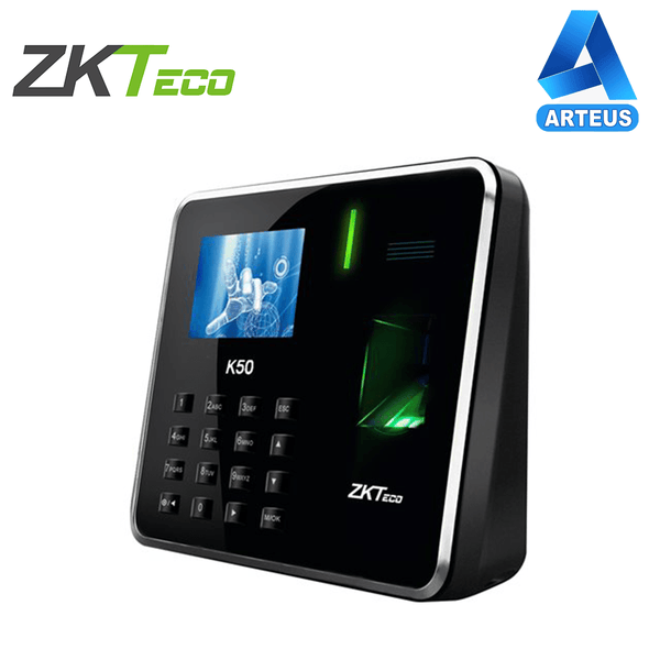 ZKTECO K50, Reloj biométrico para control de asistencia y de acceso de huella, tarjeta y contraseña con batería de respaldo y conexión por red - ARTEUS